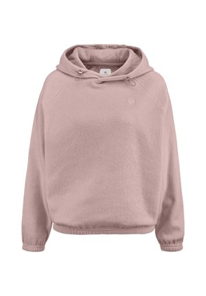 Felpa con cappuccio di pile rosa chiaro, con cappuccio regolabile, maniche raglan e polsini stretto. Texture morbida e dettagli del logo sul petto.