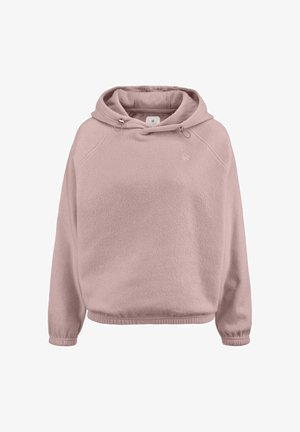 Felpa con cappuccio di pile rosa chiaro, con cappuccio regolabile, maniche raglan e polsini stretto. Texture morbida e dettagli del logo sul petto.