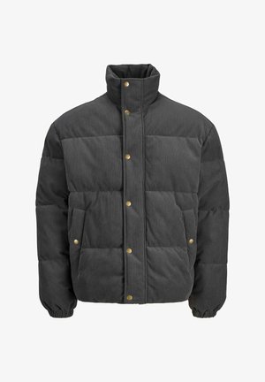 Veste matelassée en velours côtelé gris foncé avec col montant, boutons-pression à l'avant, deux poches avant avec fermetures à pression, et poignets élastiques.