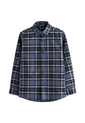 Skjorte med knapper i ternet mønster med navyblå, lyseblå og brune farver; lange ærmer og rund krave; glat stoftekstur.