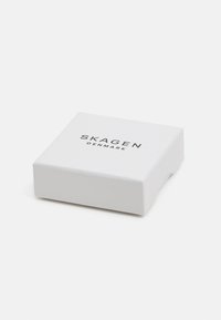 Biely box s plochým dizajnom, zobrazujúci text "SKAGEN DENMARK" v čiernej farbe. Hladký povrch a kompaktný tvar. Bez výrazných vzorov alebo akcentov.