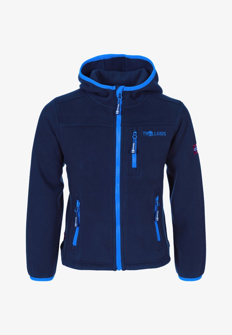 Navy fleece jacket with blue zippers and accents. Features a hood, two side zip pockets, and a chest pocket. Logo on the left side.