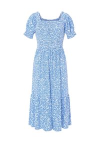 Vestido floral azul con escote cuadrado, mangas cortas abullonadas, cuerpo fruncido y falda en capas. El material parece ligero y texturizado.