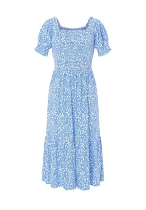 Vestido floral azul con escote cuadrado, mangas cortas abullonadas, cuerpo fruncido y falda en capas. El material parece ligero y texturizado.