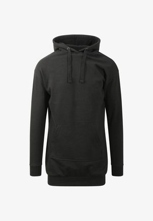 Sort hætte sweatshirt lavet af en blanding af bomuldsstof, med en front kangaroo lomme, justerbare snore og ribstrikkede manchetter og kant.