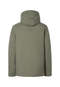 Vue de dos d'une veste à capuche vert olive uni avec manches longues et couture simple sur fond blanc.