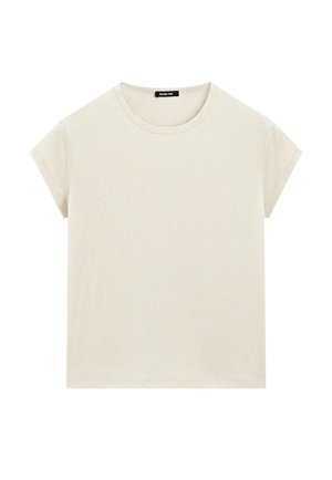 Cremefarbene Kurzarm-T-Shirt aus weichem Stoff mit Rundhalsausschnitt und lockerer Passform. Keine Muster oder Akzente.