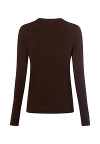 Brązowy sweter z dzianiny, długie rękawy, okrągły dekolt, gładka tekstura, dopasowany krój, bez zdobień i wzorów, czysta sylwetka.