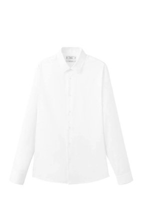 Weißes langärmliges Hemd mit Knöpfen, spitzem Kragen, einfarbiger Textur und Knopfleiste vorne. Standard-Passform mit geradem Saum.