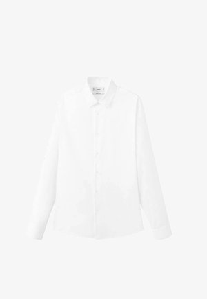 Weißes langärmliges Hemd mit Knöpfen, spitzem Kragen, einfarbiger Textur und Knopfleiste vorne. Standard-Passform mit geradem Saum.