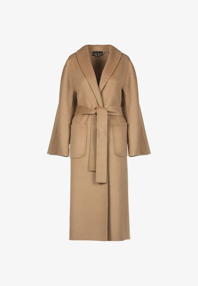 Beige, long wool coat with a belted waist, wide sleeves, large pockets, and a shawl collar. Smooth texture with a simple design.