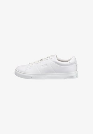 White leather sneaker with round toe, flat laces, and rubber sole. Features smooth texture and embossed logo on the side. Minimalist design.