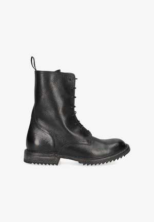 Black leather ankle boot with a textured finish, round toe, front lacing, and a rugged, serrated sole design. Includes a rear pull tab.