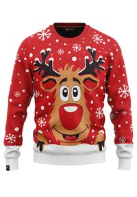 Roter gestrickter Pullover mit einem Cartoon-Rentiergesicht, Schneeflocken und einem weißen Rippbündchen. Weiche Textur mit einem verspielten Weihnachtsdesign.