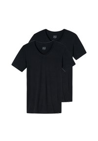 Schwarze V-Ausschnitt-T-Shirts, Zweierpack, kurze Ärmel, weicher Stoff, klassische Passform, Etiketten im Nacken, kleines Logo am Saum.