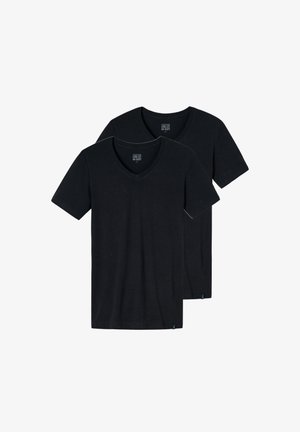 Czarne T-shirty z dekoltem w serek, dwupak, krótki rękaw, miękka tkanina, klasyczny krój, metki wewnątrz dekoltu, małe logo u dołu.