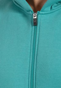 Felpa con zip di colore teal, caratterizzata da una texture liscia, cappuccio regolabile e zip a contrasto, che offre un design casual e confortevole.