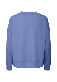 Pull tricoté bleu texturé à manches longues avec col rond et poignets côtelés, vu de dos sur fond blanc.
