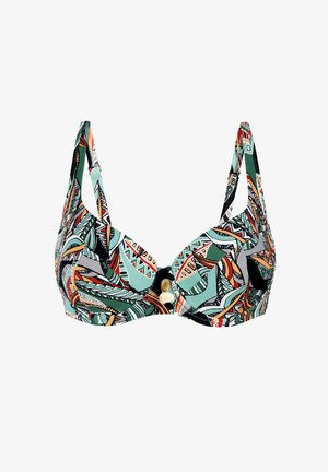 Góra od bikini z fiszbinami w wielokolorowy, abstrakcyjny wzór liści i geometryczny, z usztywnianymi miseczkami, cienkimi regulowanymi ramiączkami oraz dwoma muszelkowymi ozdobami z przodu.