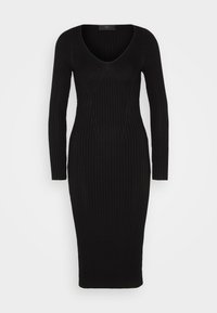 Abito in maglia a coste nera con maniche lunghe e scollatura a V profonda, silhouette aderente, lunghezza fino al ginocchio e dettagli testurizzati.