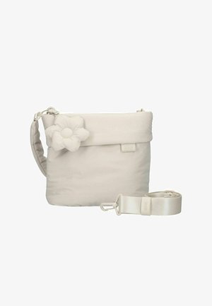 Petit sac à bandoulière beige avec une sangle amovible et une décoration fleur rembourrée sur le rabat de fermeture.