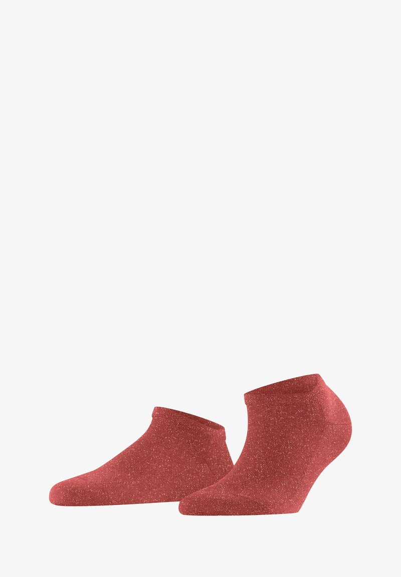 Rote Fußsocken aus einem weichen, strukturierten Stoff mit einem gesprenkelten Muster. Sie verfügen über ein niedrig geschnittenes Design und eine verstärkte Ferse für zusätzlichen Komfort.