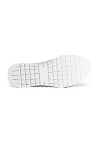 Semelle extérieure de chaussure en caoutchouc blanc avec une surface texturée et un motif pour l'adhérence. Logo de la marque visible au centre.
