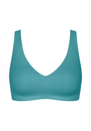 Tyrkysová hladká podprsenka s širokým V-výstřihem a širokými ramínky. Vyrobena z hladkého, elastického materiálu, minimalistický design bez ozdob.