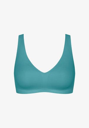 Tyrkysová hladká podprsenka s širokým V-výstřihem a širokými ramínky. Vyrobena z hladkého, elastického materiálu, minimalistický design bez ozdob.