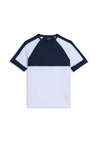 Maglietta a maniche corte con una sezione superiore blu navy e una sezione inferiore bianca, realizzata in tessuto morbido con un dettaglio zip sul lato.