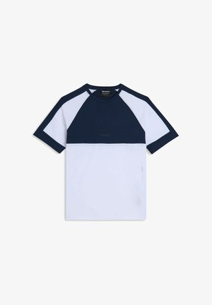 Maglietta a maniche corte con una sezione superiore blu navy e una sezione inferiore bianca, realizzata in tessuto morbido con un dettaglio zip sul lato.