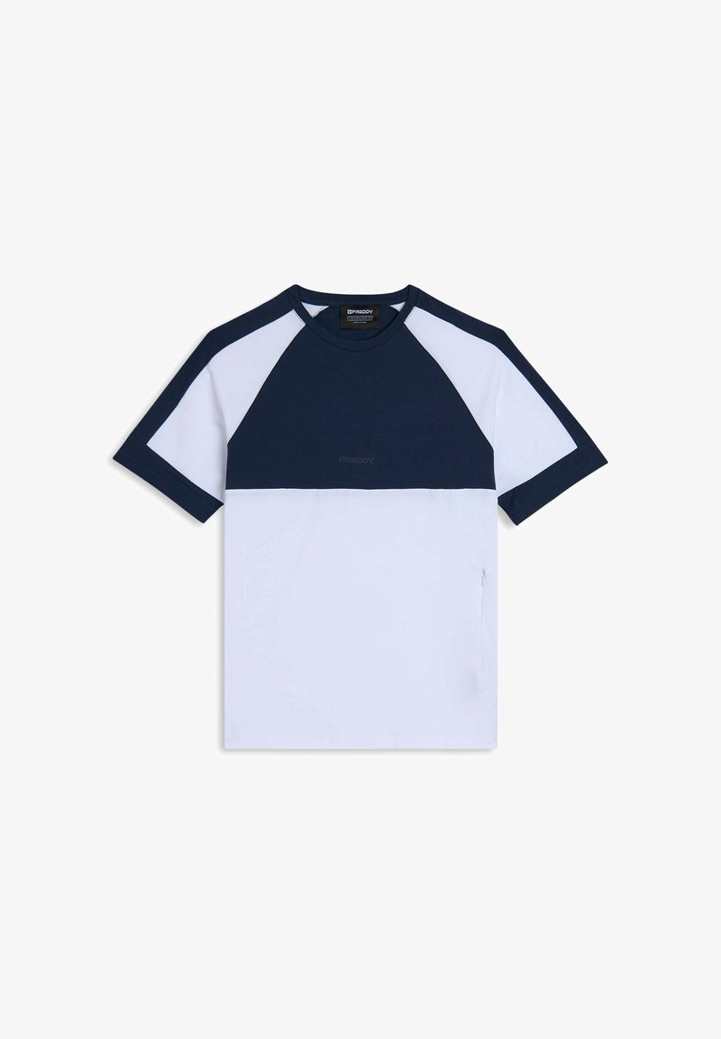 Maglietta a maniche corte con una sezione superiore blu navy e una sezione inferiore bianca, realizzata in tessuto morbido con un dettaglio zip sul lato.