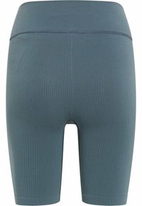 Gestreifte Bikeshorts aus Stoff in gedämpftem Teal, mit hohem Bund, mittellanger Oberschenkellänge und nahtloser Verarbeitung für Komfort.
