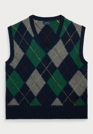 Argyle ærmeløs sweater i grå, grøn, navy og sort, med V-hals, ribbet kant og kontrasterende diamantmønstre med guldtråd.