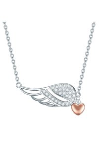 Sølv halskæde med vinge-design, der har klare sten og en rose-guld hjertecharme; detaljeret udsmykning og poleret finish.