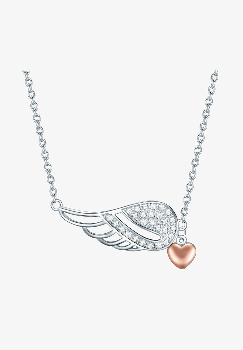 Sølv halskæde med vinge-design, der har klare sten og en rose-guld hjertecharme; detaljeret udsmykning og poleret finish.