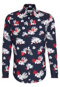 Overhemd met knopen, met een marineblauwe achtergrond en rode en witte tropische bloemmotieven. Lange mouwen en een klassieke kraag.