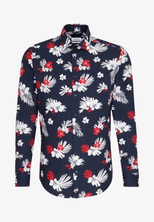 Overhemd met knopen, met een marineblauwe achtergrond en rode en witte tropische bloemmotieven. Lange mouwen en een klassieke kraag.
