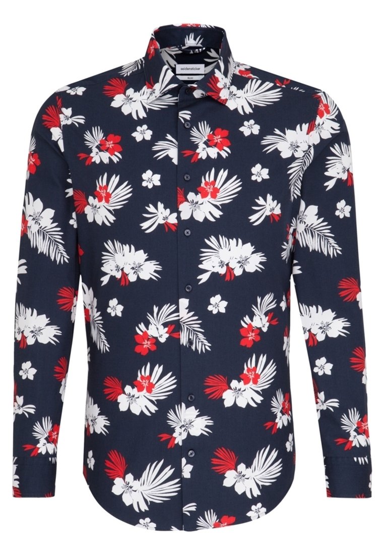 Overhemd met knopen, met een marineblauwe achtergrond en rode en witte tropische bloemmotieven. Lange mouwen en een klassieke kraag.