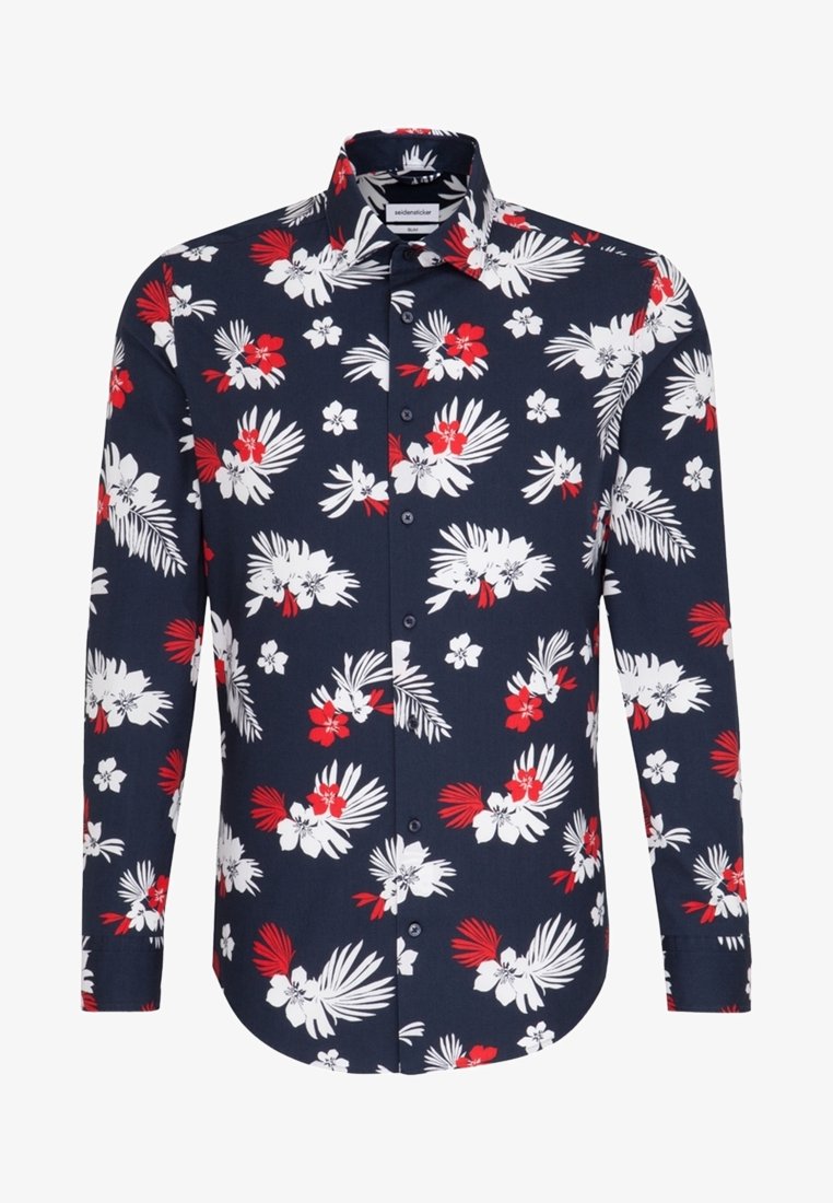 Overhemd met knopen, met een marineblauwe achtergrond en rode en witte tropische bloemmotieven. Lange mouwen en een klassieke kraag.