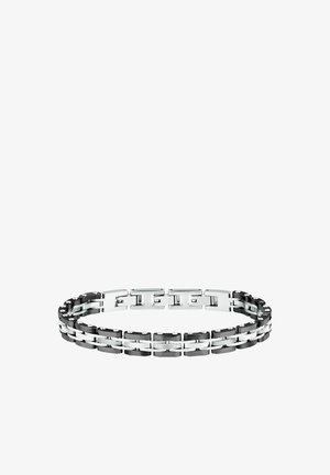 Bracciale argentato e nero con maglie intrecciate. Presenta una finitura metallica lucida ed elegante e accenti metallici rotondi lungo i bordi.