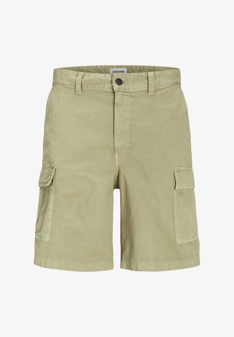 Shorts cargo couleur beige clair avec un devant plat, deux poches latérales et une fermeture éclair. Fabriqués en coton doux avec une texture lisse et des coutures durables.