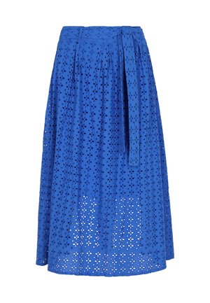 Gonna in cotone blu con ritagli floreali, cintura in vita e design fluido. Presenta una texture leggera e una lunghezza sotto il ginocchio.