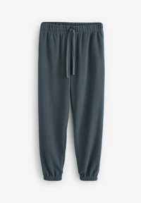 Dunkelblaue, strukturiert gemusterte Sweatpants mit elastischem Bund, verstellbarem Kordelzug und schmal zulaufenden Bündchen an den Knöcheln.
