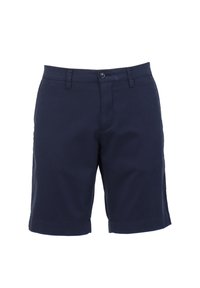 Marineblauwe shorts van katoen, met een knoopsluiting, riemlussen en een rechte snit met opgerolde zomen. Soepele textuur, geen patronen.