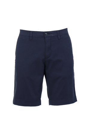 Marineblauwe shorts van katoen, met een knoopsluiting, riemlussen en een rechte snit met opgerolde zomen. Soepele textuur, geen patronen.