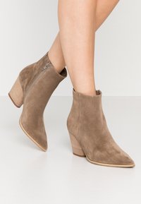 Ruske nubuk ankelstøvler med spidse tæer og stablet hæl. Sidelukning, glat tekstur og et rent, minimalistisk design.