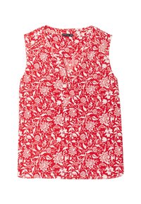 Top senza maniche rosso con motivo floreale bianco, scollatura a V e vestibilità comoda. Realizzato in tessuto leggero con superfice testurizzata.