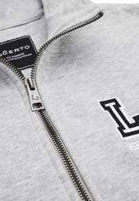 Szara bluza zapinana na zamek, wykonana z mieszanki bawełny. Posiada metalowy zamek, haftowane czarne litery oraz miękki, teksturowany materiał.