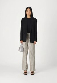 Fekete blézert, fekete felsőt, fényes ezüst krokodilbőr mintázatú nadrágot, fekete szandált viselő nő, aki egy kis ezüst retikült tart a fehér háttér előtt.